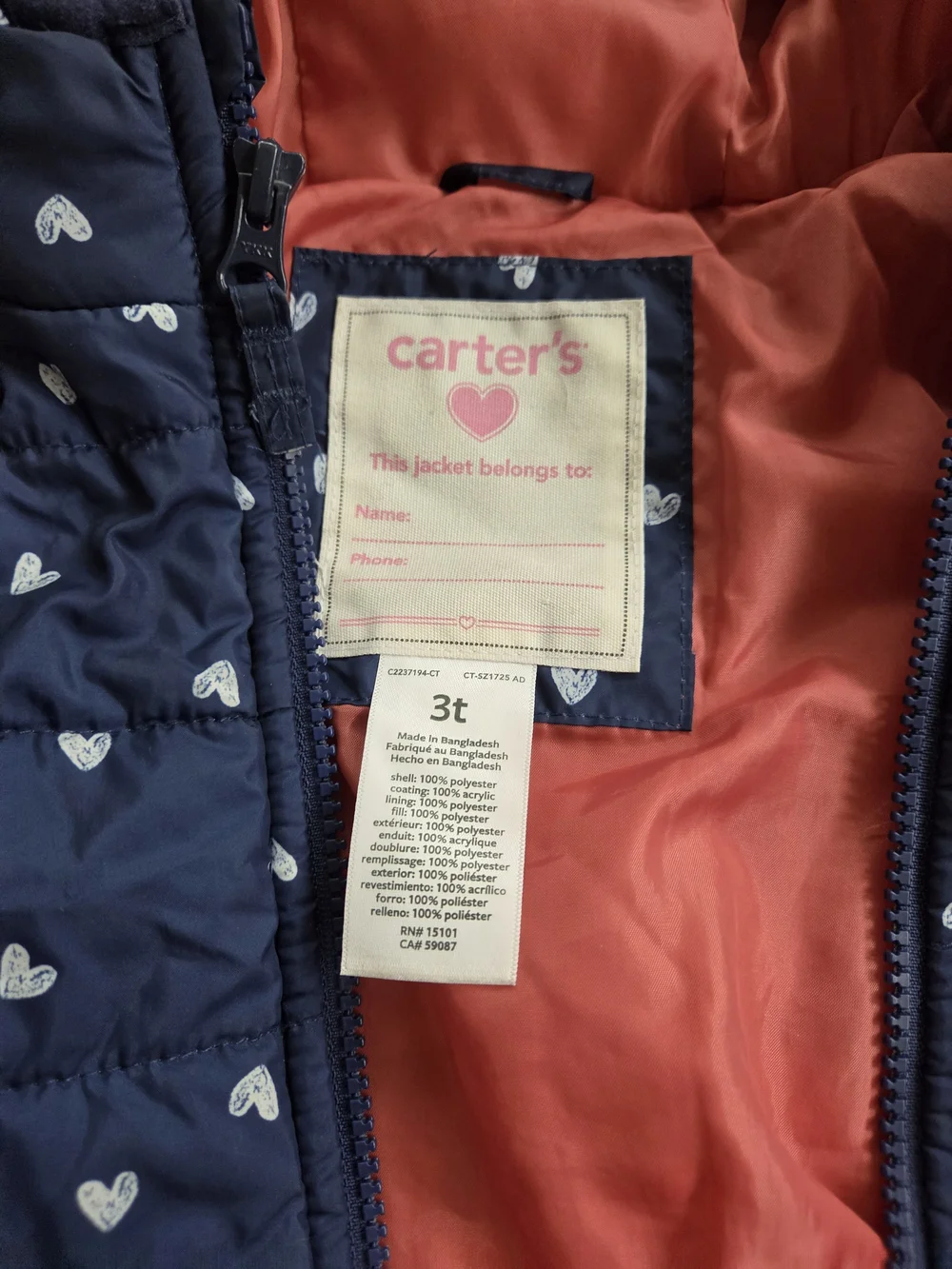 Carter's Navy Puffer Jacket with White Hearts and Pink Interior, 3T